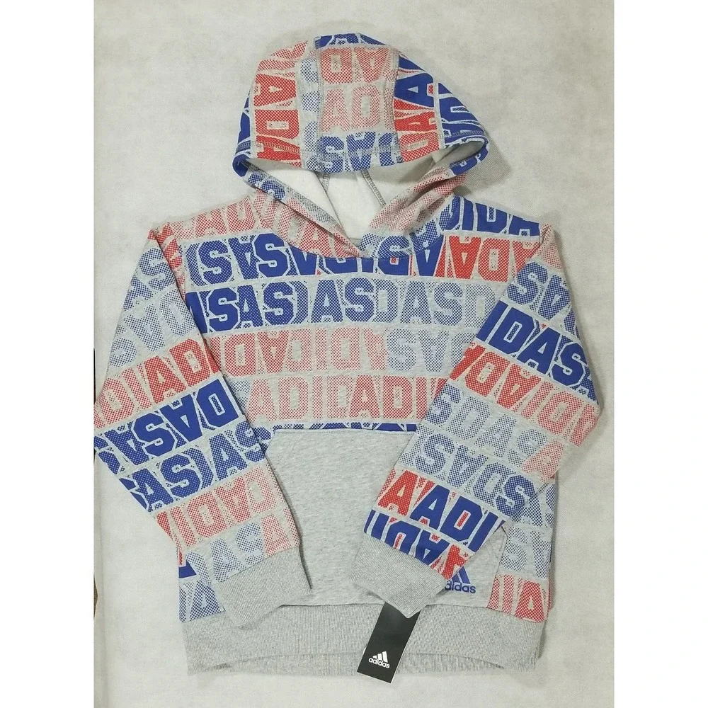 Adidas Boys Size Small Hoodie Sweatshirt Pullover Pocket Grey Red‎ Blue Logo NEW